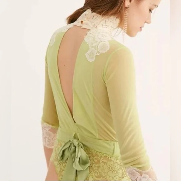 Free People x We Are HAH Lime Green Cream Lace Sheer Bodysuit NWT Size Small
